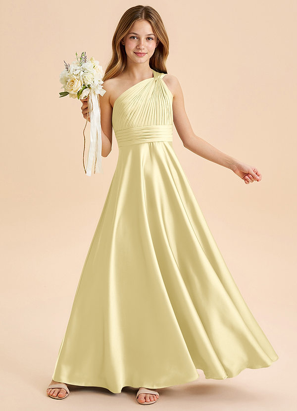 Azazie Charlize Junior Abito A-Line in Raso Elasticizzato Plissettato Sorbetto Al Limone image1