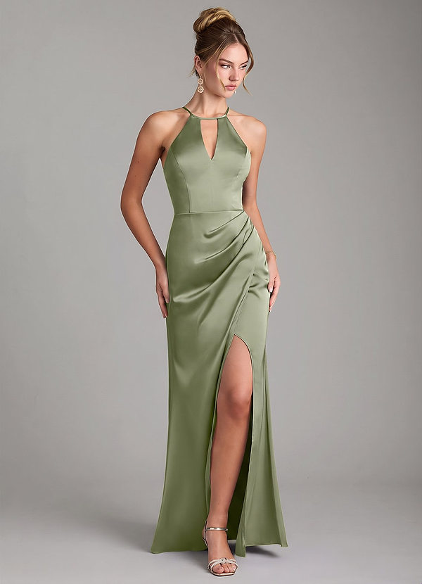 Azazie Aidyn Vestidos de dama de honor Vestido Pistacho de Satén Elástico de Corte Recto con Plisado image1