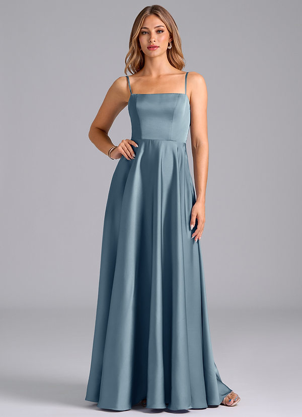 Azazie Elita Bridesmaid Dresses Dusty Blue A-Line Pleated Stretch Satin Dress image1