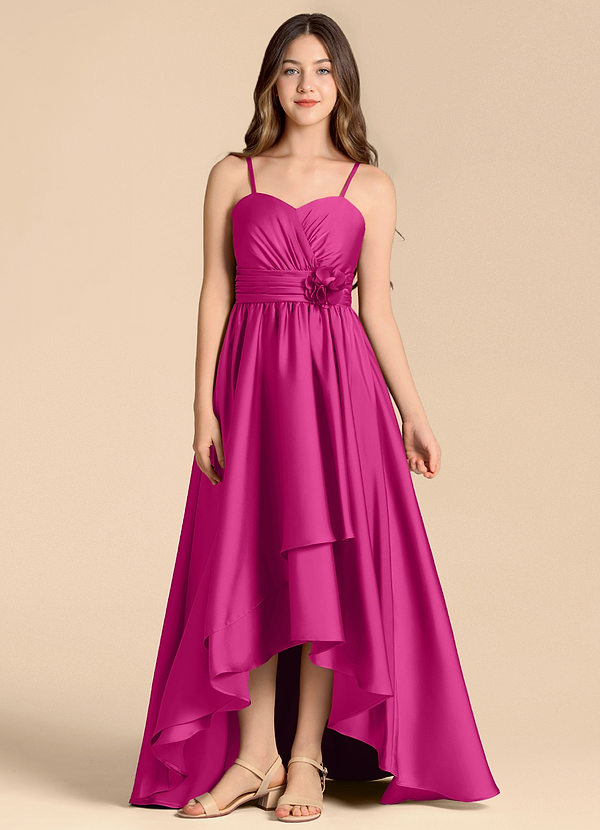 Azazie Catalina Junior Abito A-Line in Raso Elasticizzato Scollo a Cuore Fucsia image1