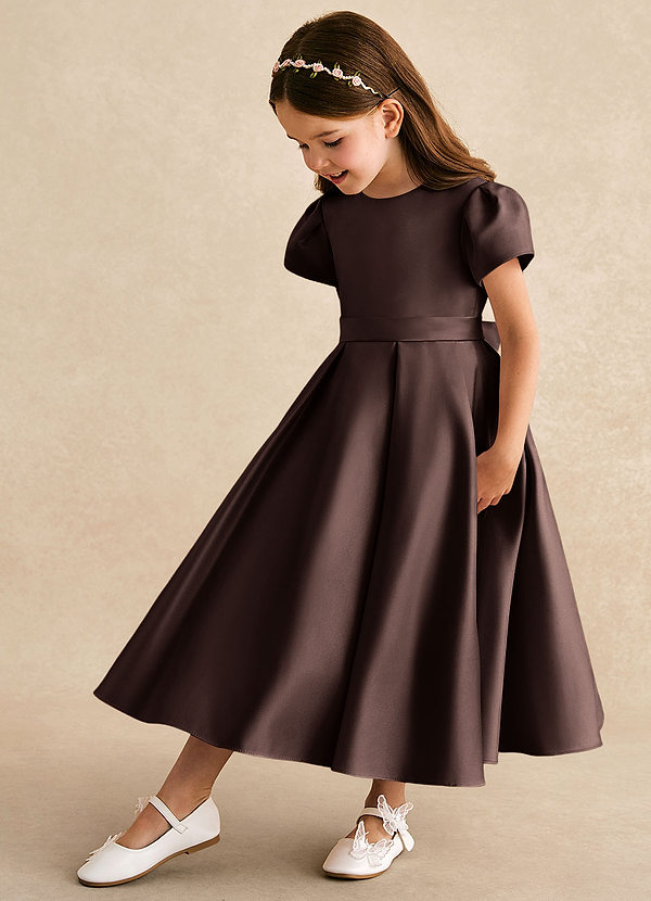 Azazie Princess Flower Girl Dresses Ganache A-Line Pleated Matte Satin Dress image1