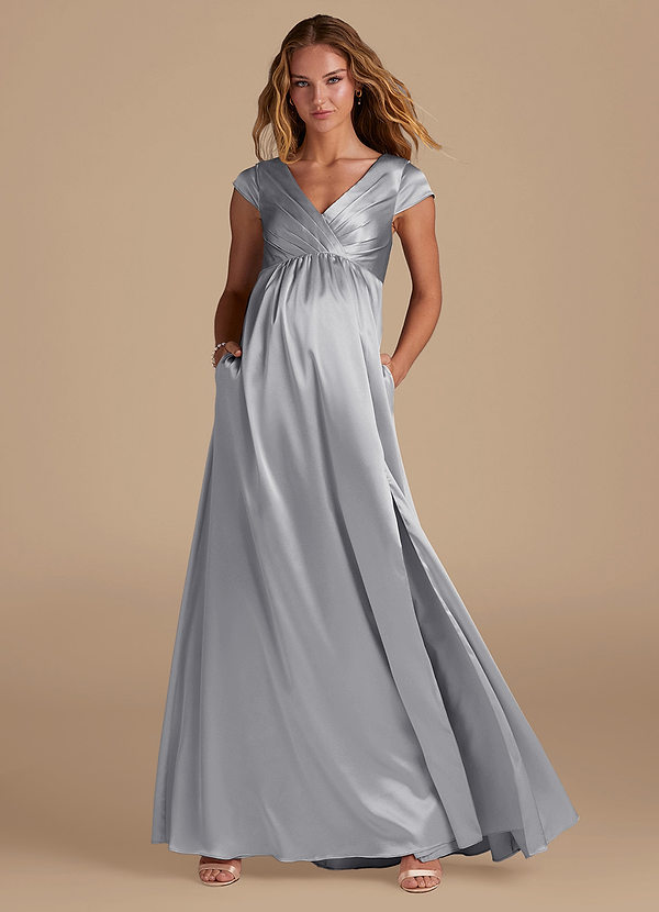 Azazie Allessia Maternity Bridesmaid Dresses A-Line Metallic Satin Floor-Length Dress image1