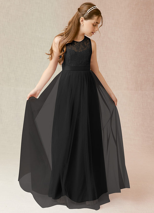 Azazie Georgette Junior Black A-Line Lace Tulle Dress image1