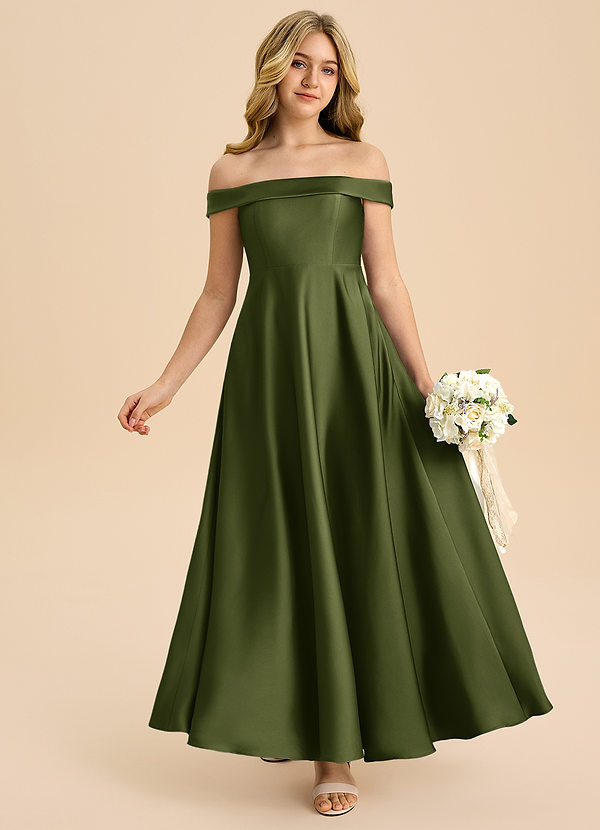 Azazie Sissy Junior Olive A-Line Off the Shoulder Stretch Satin Dress image1