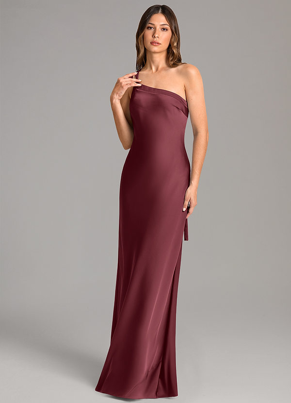 Azazie Monroe Bridesmaid Dresses Merlot Mermaid One Shoulder Stretch Satin Dress image1
