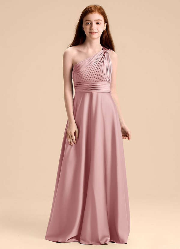 Azazie Charlize Junior Robe Trapèze en Satin extensible Plissée Rose Poussiéreuse image1