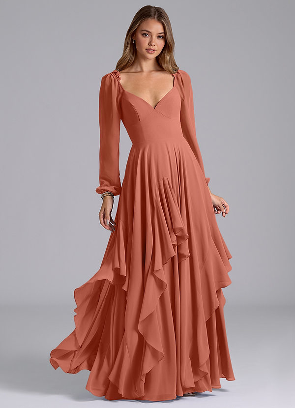 Azazie Karan Bridesmaid Dresses Clay A-Line Long Sleeve Chiffon Dress image1