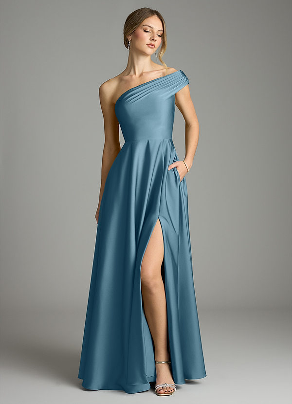 Azazie Melanie Morsiusneitojen mekot A-linja Olkapään ulkopuolella Joustava satiini Lattian pituus Pukeutua image1