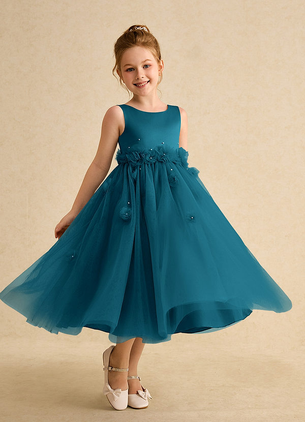 Azazie Lux Flower Girl Dresses Ink Blue A-Line Beaded Tulle Dress image1