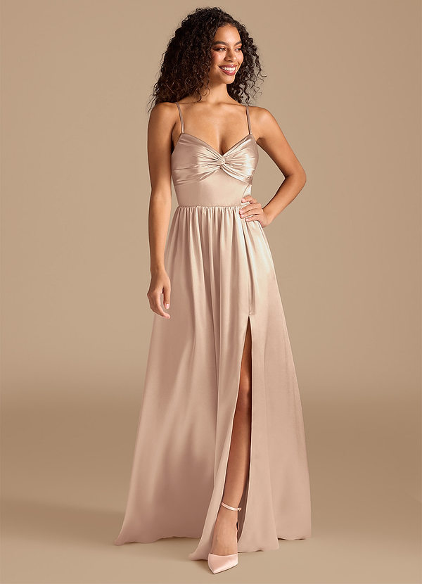 Azazie Zeya Bridesmaid Dresses English Rose A-Line Pleated Metallic Satin Dress image1
