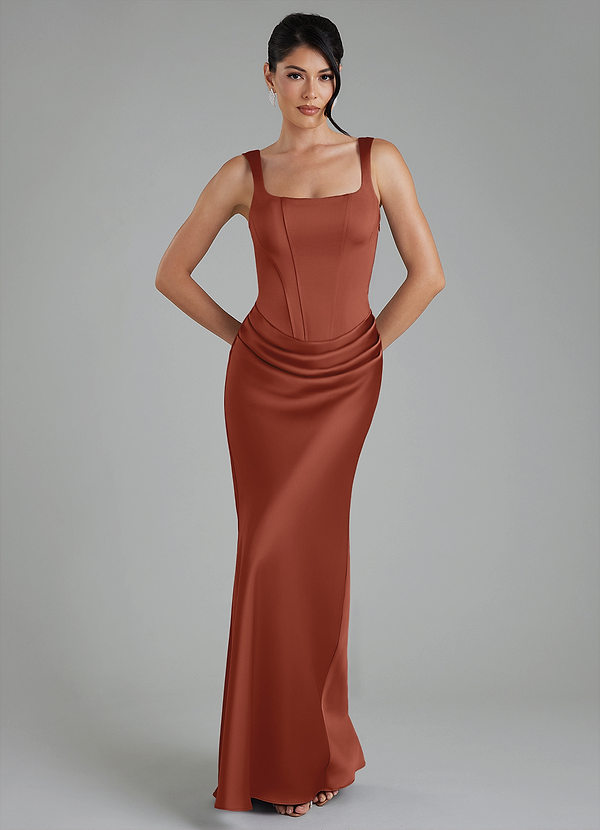 Azazie Etta Bridesmaid Dresses Auburn Mermaid Corset Stretch Satin Dress image1