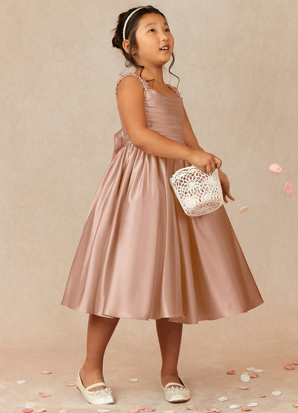 Azazie Cutie Pie Flower Girl Dresses Champagne Rose A-Line Pleated Matte Satin Dress image1