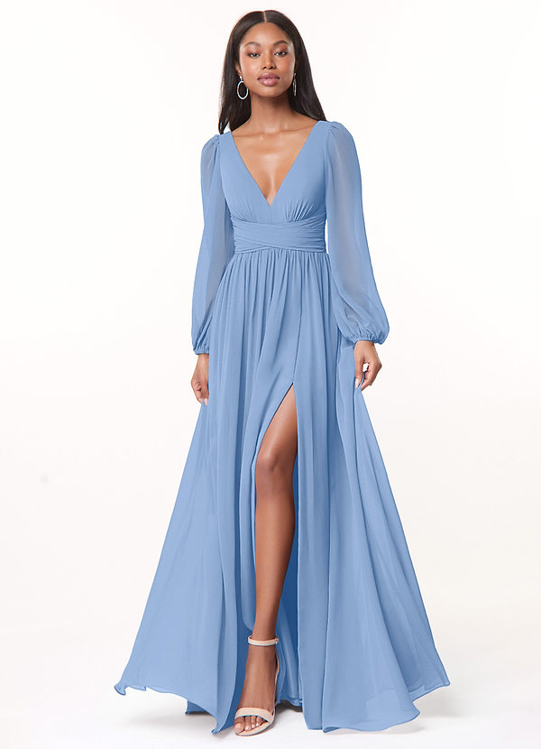 Azazie Norah Bridesmaid Dresses A-Line V-Neck Long Sleeve Chiffon Floor-Length Dress image1