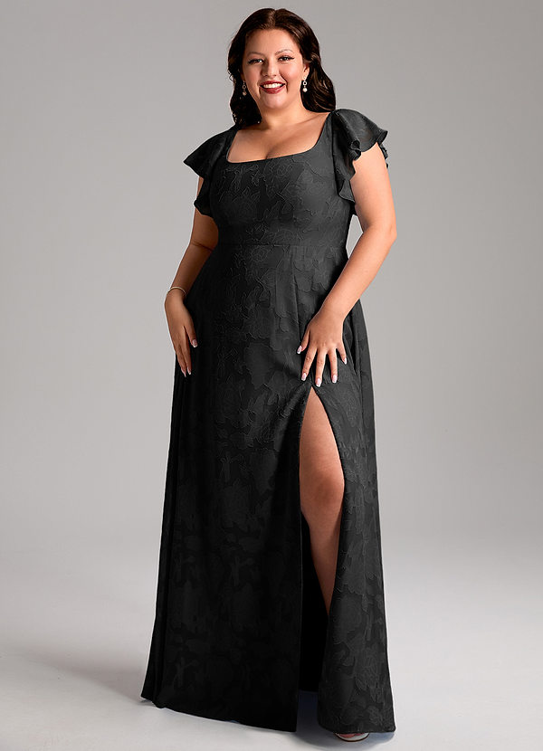 Azazie Bondi Bridesmaid Dresses Black A-Line Side Slit Floral Burnout Dress image1