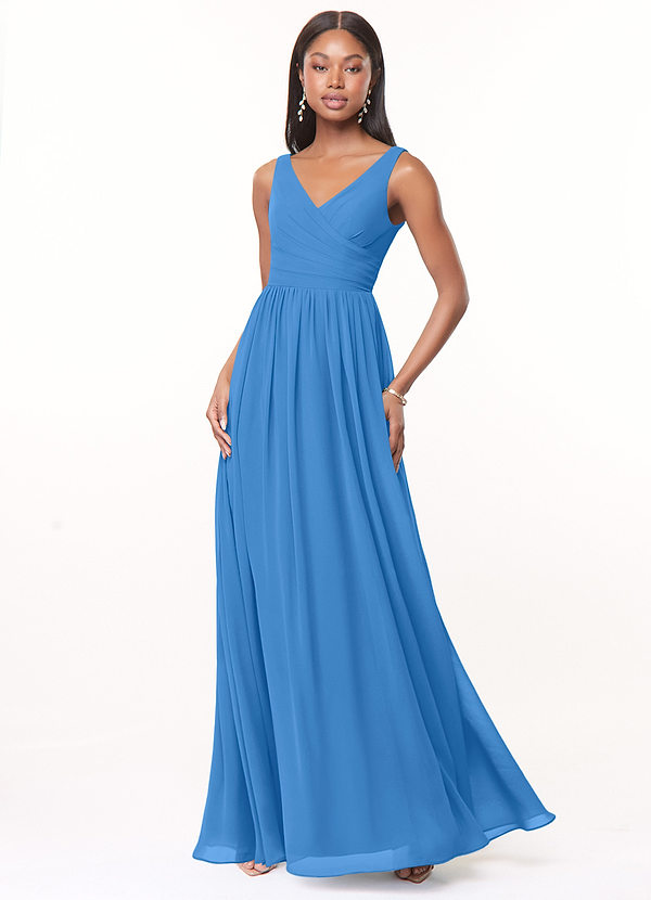 Azazie Keyla Bridesmaid Dresses Blue Jay A-Line V-Neck Pleated Chiffon Dress image1