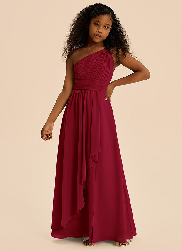Azazie Skye Junior Robe Trapèze en Mousseline de soie Plissée Bourgogne image1