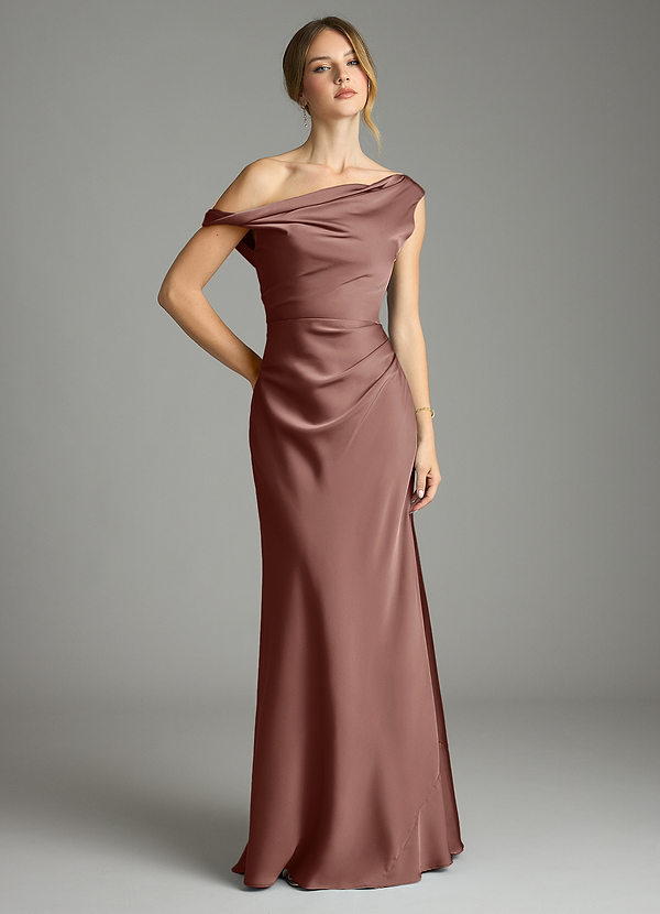 Azazie Emerson Bridesmaid Dresses Espresso Mermaid Off the Shoulder Stretch Satin Dress image1
