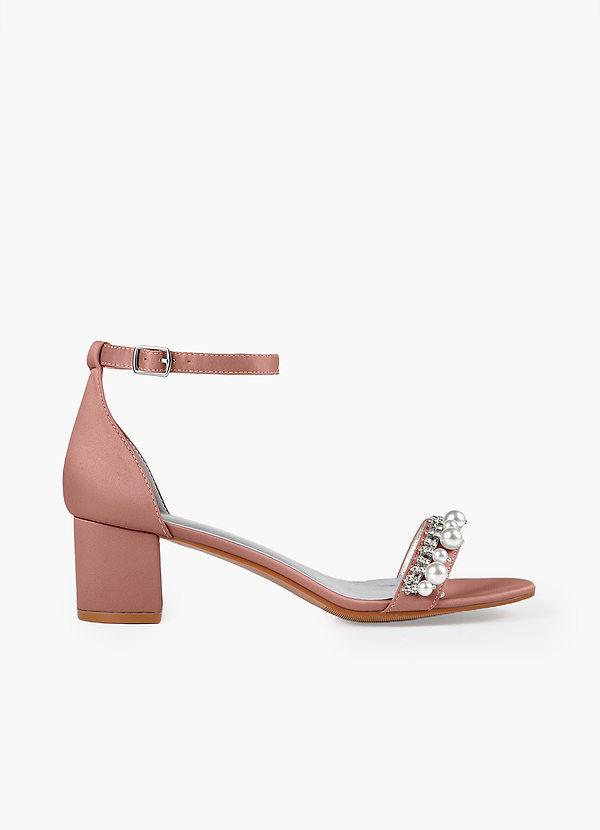 front Matching Color Matte Satin Pearl and Rhinestone Block Heel Sandals