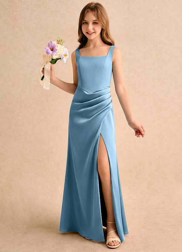 Azazie Noah Girls Formal Bloemenmeisjesjurken Kolom Jurk van Stretch Satijn Geplooide Staal Blauw image1