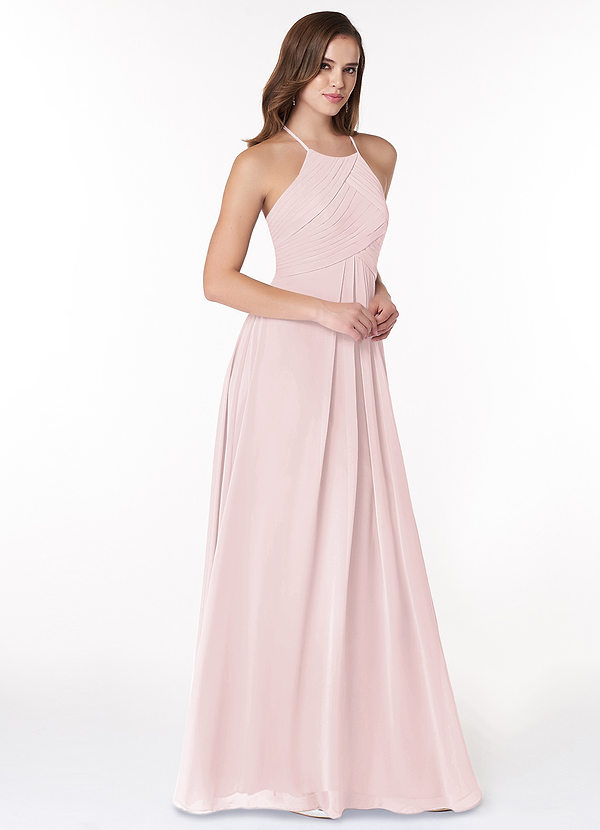 Azazie Ginger Bridesmaid Dresses Blushing Pink A-Line Halter Pleated Chiffon Dress image1