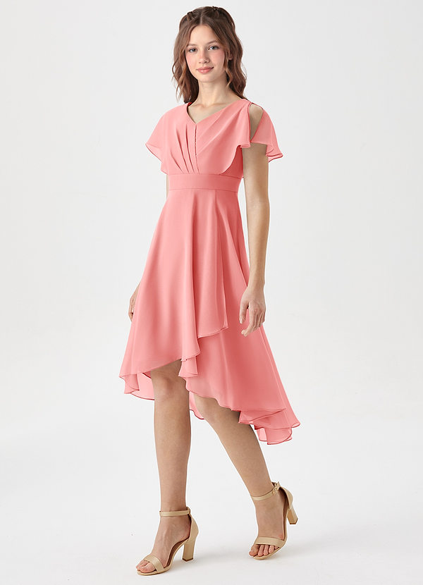 Azazie Graciela Junior Coral A-Line Pleated Chiffon Dress image1