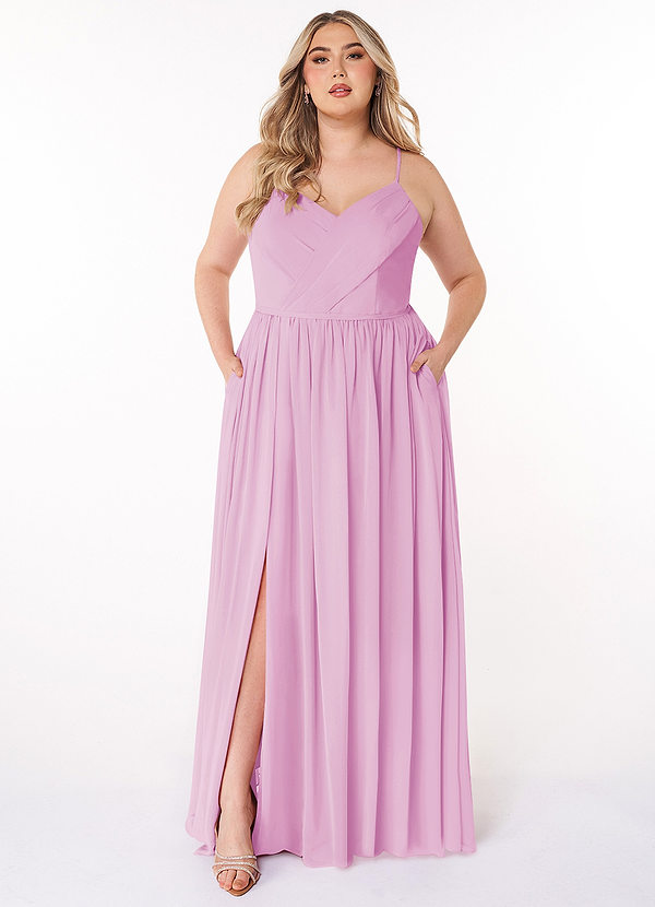Azazie Cora Robes Demoiselle d'honneur Robe Trapèze en Mousseline de soie Plissée Rose Bonbon image1