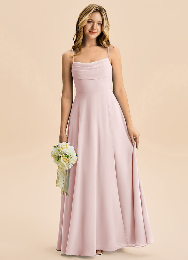 Azazie Bear Junior A라인 주름진 쉬폰 플로어 길이 주니어 신부 들러리 드레스 image1