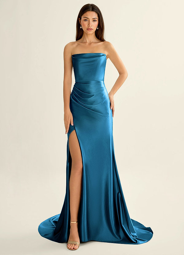 Philomena Blauw Korset stretch satijnen zeemeerminjurk galajurk image1