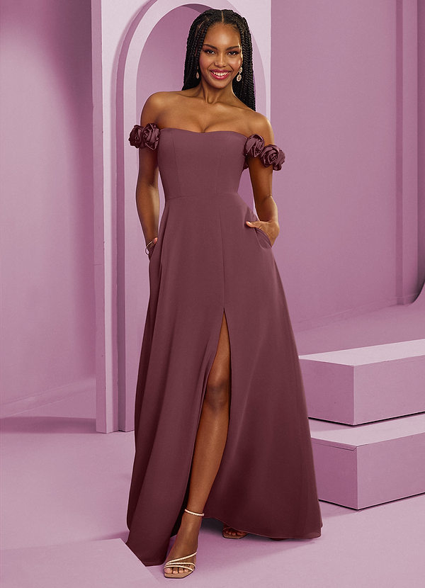 Barbie ♥ Azazie Suknie dla druhen Rozkloszowana szyfonowa sukienka z odkrytymi ramionami i kwiatowymi rozetkami image1