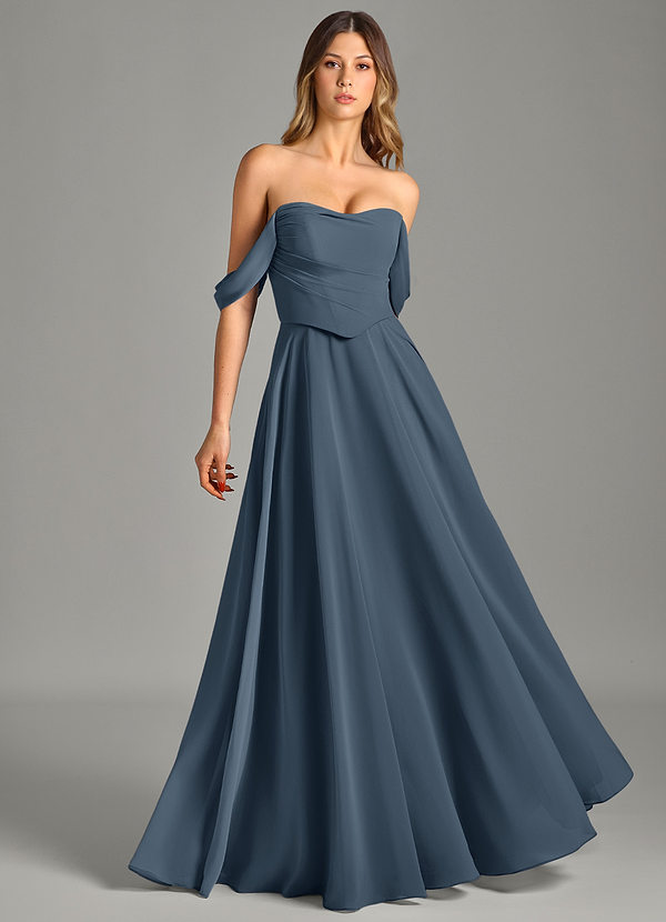 Azazie Chelsey Vestidos Dama de Honor Vestido de Neptuno de Gasa de Corte en A Convertible con Vestidos sin tirantes image1