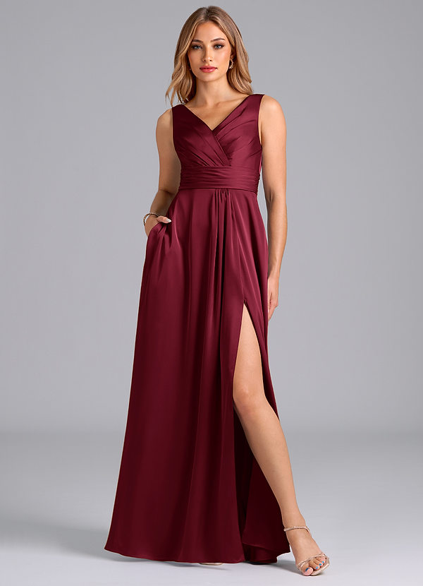 Azazie Karina Bridesmaid Dresses Burgundy A-Line Pleated Stretch Satin Dress image1