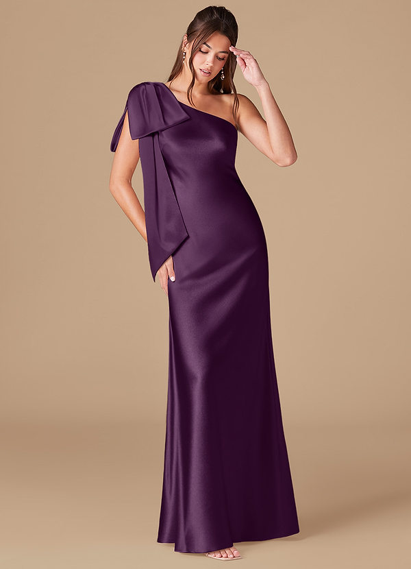 Azazie Capri Bridesmaid Dresses Plum Sheath One Shoulder Metallic Satin Dress image1