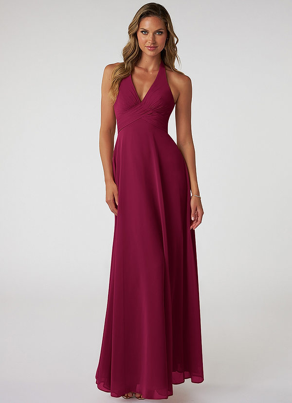 Azazie Tessie Bridesmaid Dresses Burgundy A-Line V-Neck Pleated Chiffon Dress image1