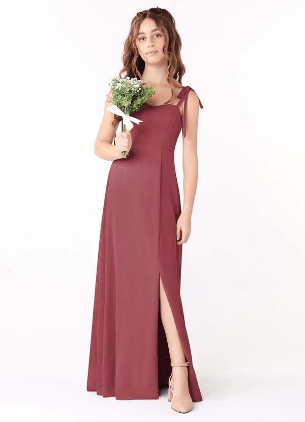 Azazie Rosey Junior Vestido de Merlot de Gasa de Corte En A con Escote de Corazón image1