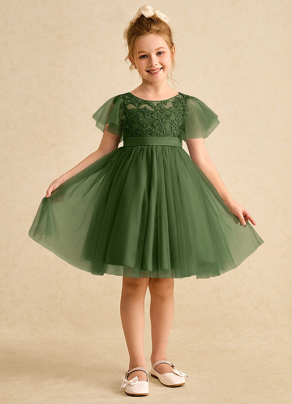 Azazie Queenie Robes de Fillette d'Honneur Robe Trapèze en Dentelle Olive image1