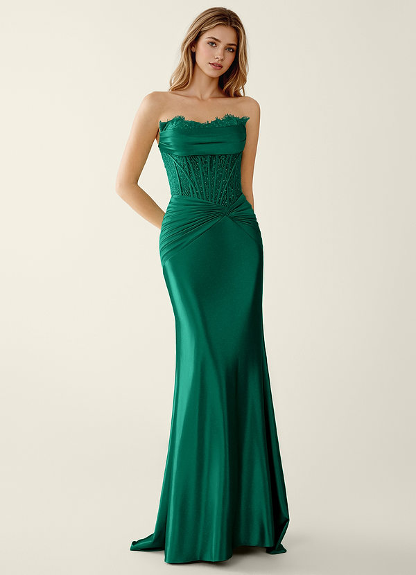 Sasha Dark Green Satin Wrap Corset Mermaid Prom Dress image1