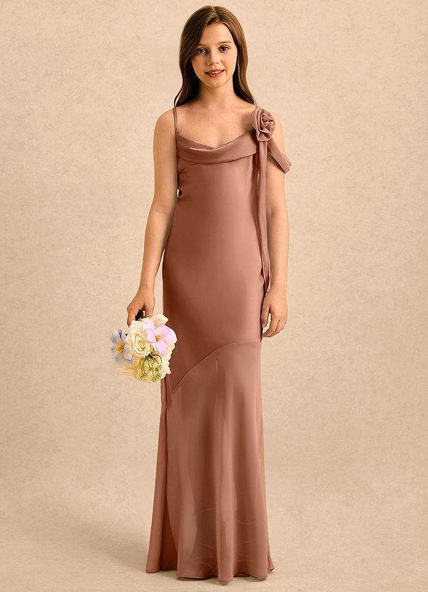 Azazie Kai Girls Formal Sukienki dla dziewczynek sypiących kwiaty Osłona Pofałdowany Satyna elastyczna Długość podłogi Sukienka image1