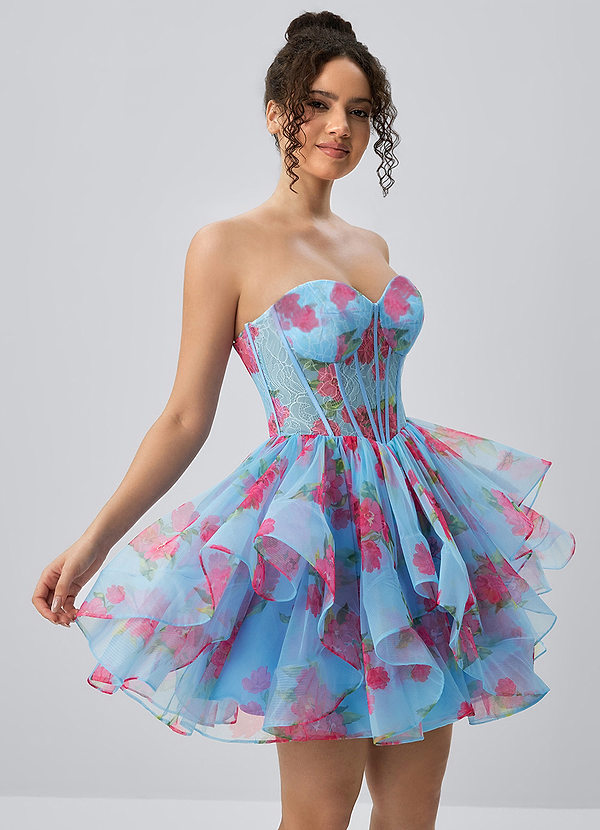 Reliau Blauw Korset met kanten print en tule, A-lijn mini-jurk met vetersluiting image1