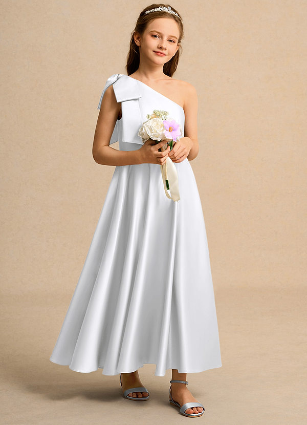 Azazie Guppy Girl Vestidos de Niña de Flores Vestido de Blanco de Satin Mate de Corte En A con Hombro unilateral image1