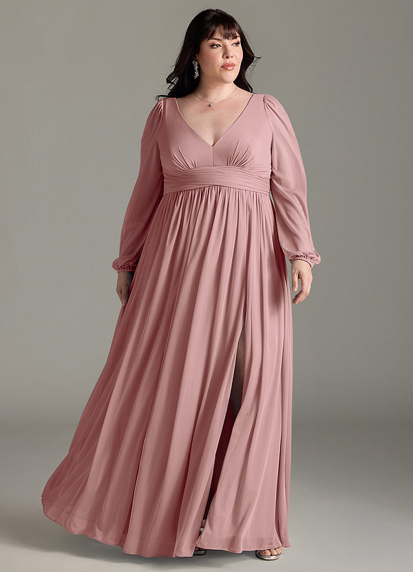 Azazie Norah Bridesmaid Dresses Dusty Rose A-Line V-Neck Long Sleeve Chiffon Dress image1