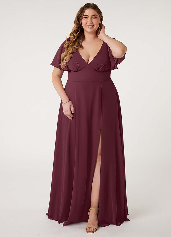 Azazie Kimber Robes de demoiselle d'honneur Robe Trapèze en Mousseline de soie Manches à volants Cabernet image1