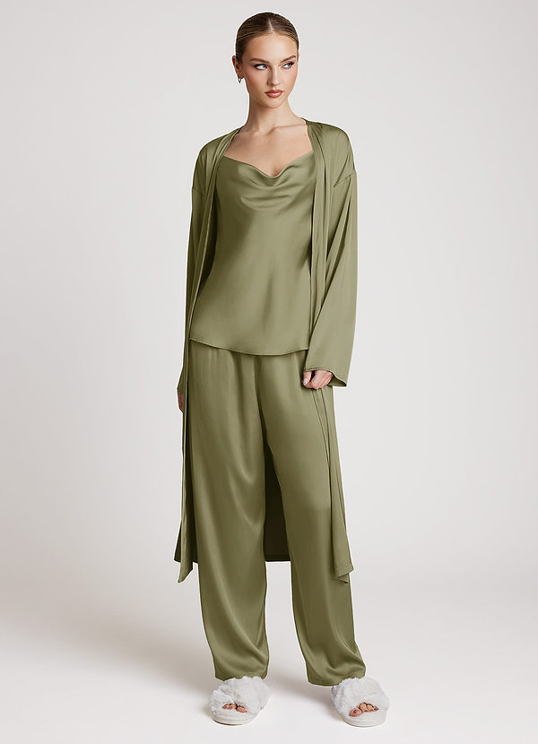 front Pistachio Satin Long Sleeves 3-Piece Loungewear Set