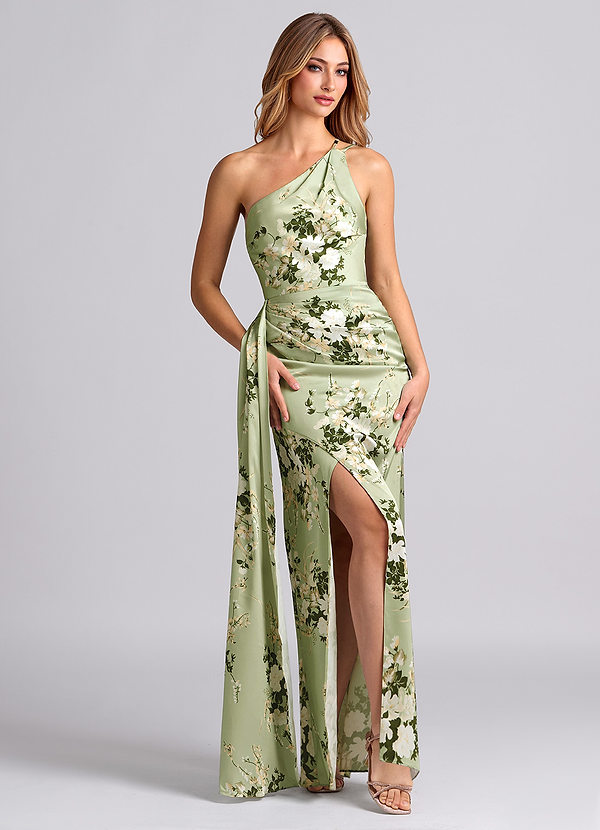 Azazie Maron Bridesmaid Dresses Floral Vines A-Line One Shoulder Stretch Satin Dress image1