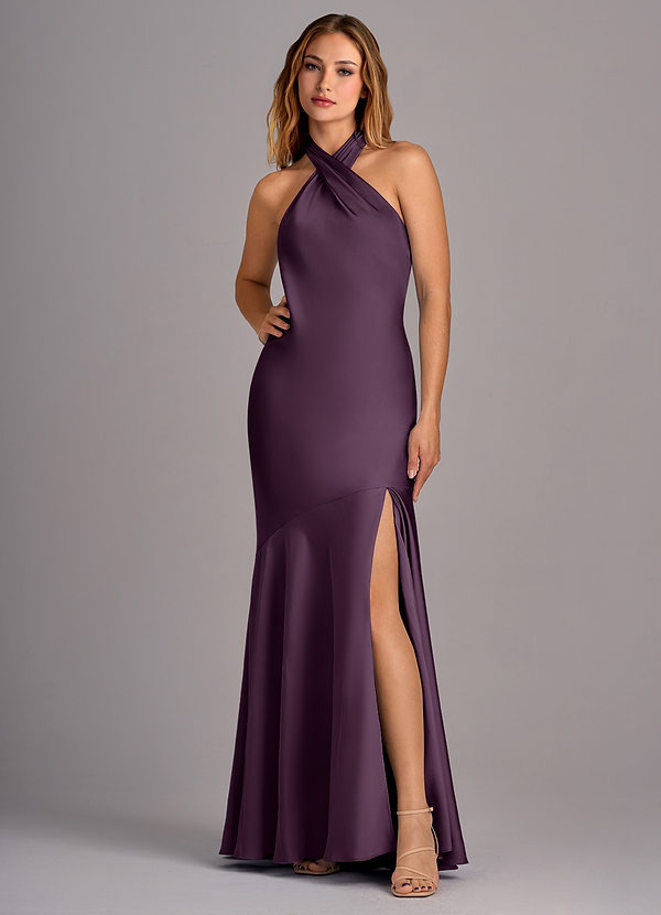 Azazie Lorena Bridesmaid Dresses Plum Mermaid Pleated Stretch Satin Dress image1
