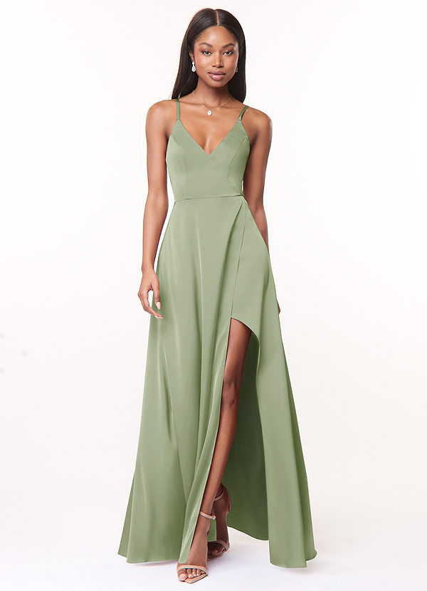 Azazie Maksim Bridesmaid Dresses Dusty Sage A-Line V-Neck Stretch Satin Dress image1
