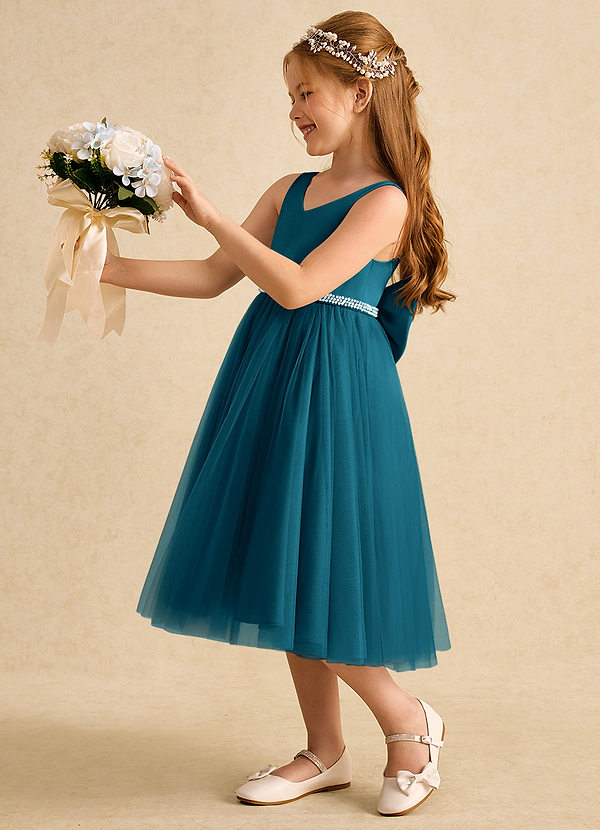 Azazie Firefly Abiti da Ragazza di Fiori Abito A-Line in Raso Opaco Fiocco Blu Inchiostro image1