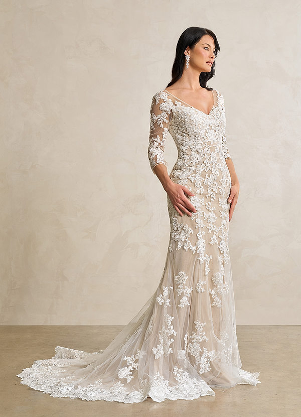 Azazie Neela Wedding Dresses Diamond White Nude Mermaid V-Neck Lace Tulle Dress image1