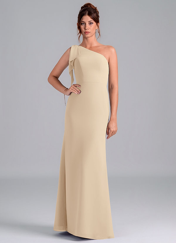 Azazie Rinna Bridesmaid Dresses Champagne Mermaid One Shoulder Chiffon Dress image1