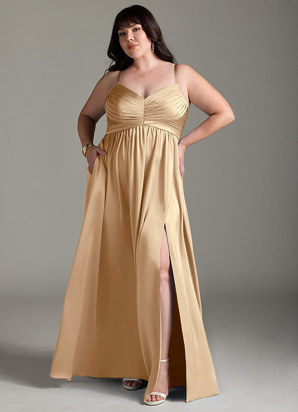 Azazie Alia Bridesmaid Dresses Champagne A-Line Pleated Stretch Satin Dress image1