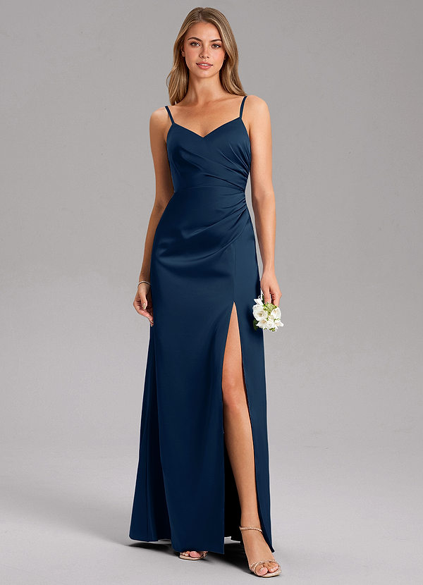 Azazie Azuree Bridesmaid Dresses Dark Navy A-Line Pleated Stretch Satin Dress image1
